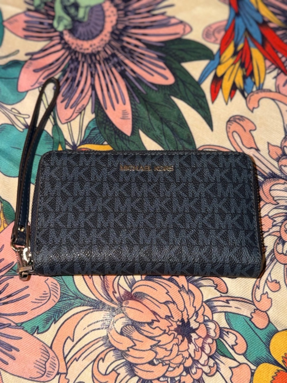 Michael Kors Dark Blue Monogram Zip Wristlet with Gold Logo